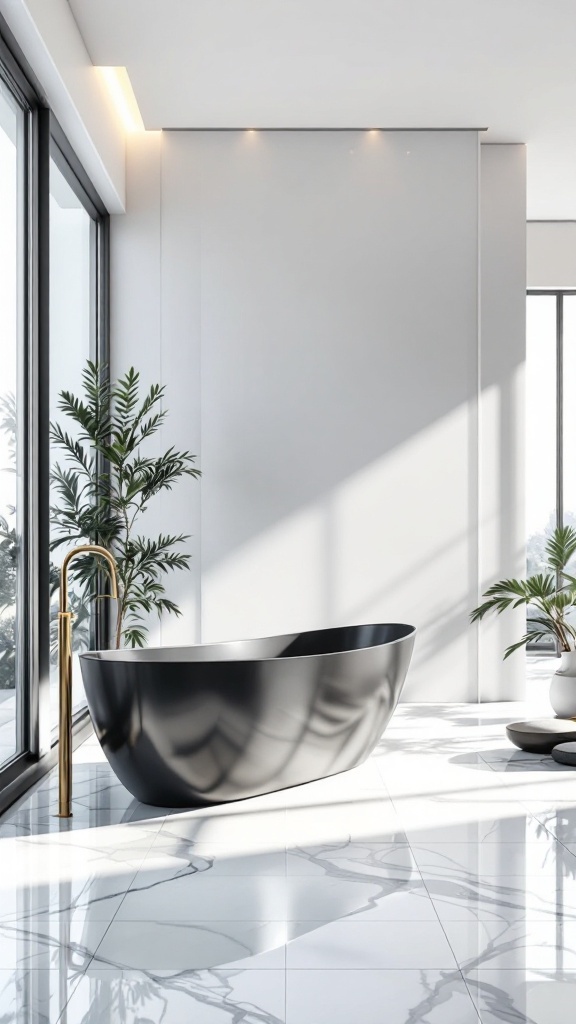 Stylish black freestanding bathtub in a bright white bathroom with large windows and plants.