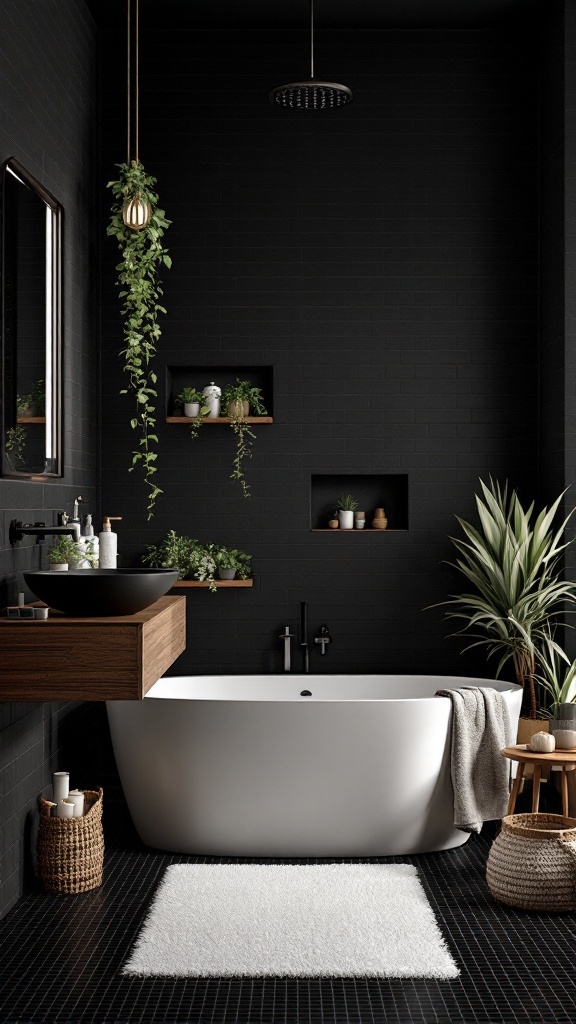 A stylish black bathroom featuring a white bathtub, hanging plants, and wooden accents.