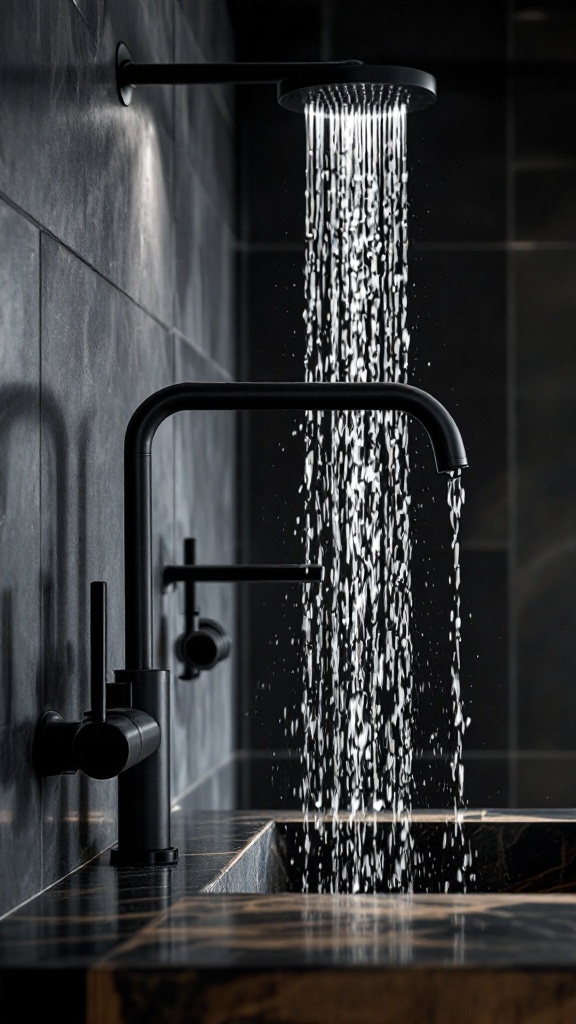 Matte black bathroom fixtures with flowing water