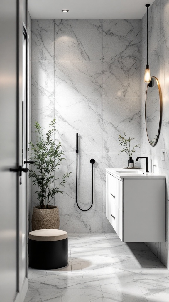 A modern black and white bathroom featuring black fixtures, marble tiles, and plants.