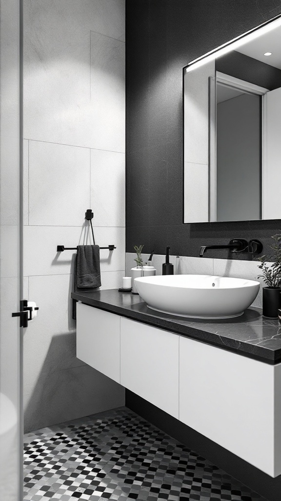 A minimalistic black and white bathroom with sleek fixtures and stylish decor