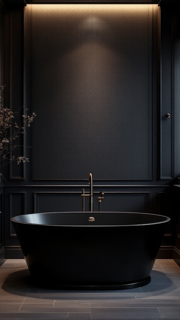 A modern black bathtub in a stylish bathroom with black walls and gold fixtures.