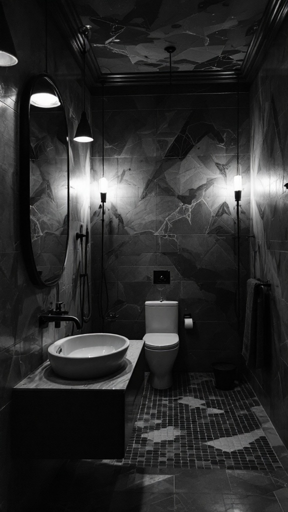 A modern black and white bathroom with stylish lighting fixtures.