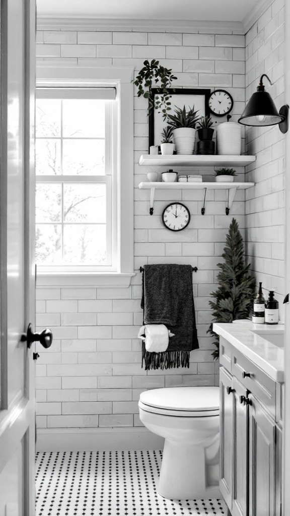 A stylish black and white bathroom with storage shelves, potted plants, and neatly arranged items.