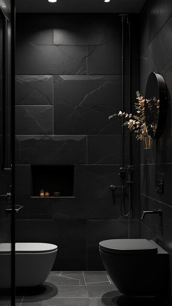 A black bathroom with textured wall finishes, featuring a modern design, soft lighting, and minimalist decor.