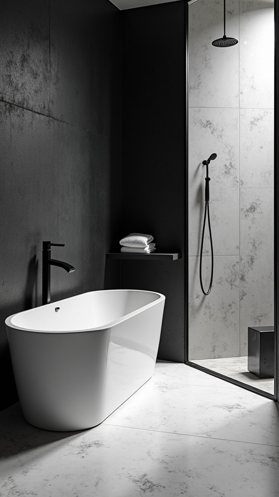 A modern black and white bathroom featuring a textured wall, a white bathtub, and a dark shower area.