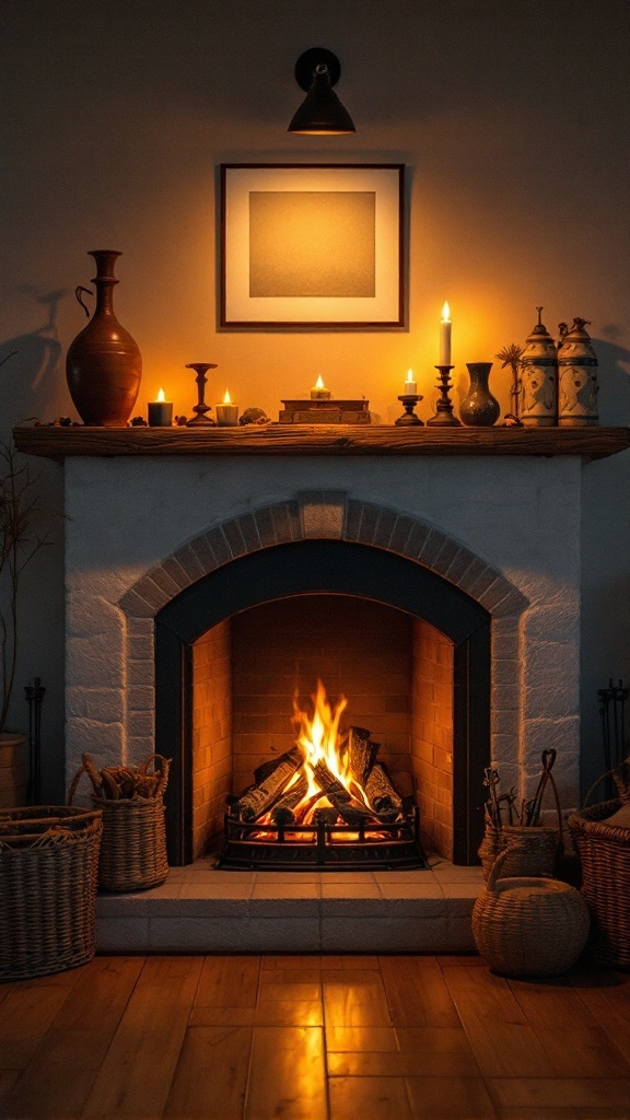 A cozy fireplace with ambient lighting and decorative items on the mantel