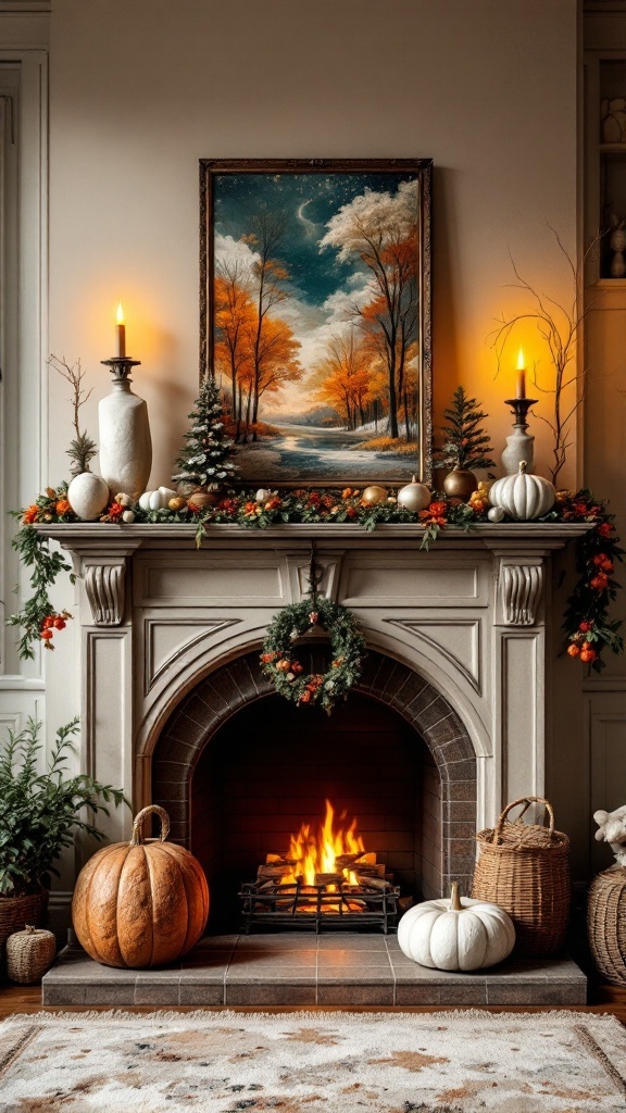 Artistic mantel display with autumn-themed decor, including a painting, candles, pumpkins, and small evergreen trees.