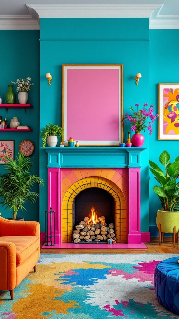 A modern living room with a colorful fireplace, turquoise walls, and vibrant furnishings.