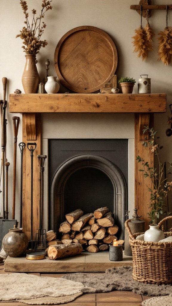 A cozy oak fireplace adorned with various accessories including flowers, candles, and firewood.