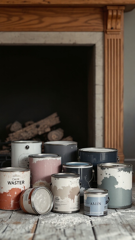 A collection of paint cans in various colors arranged in front of an oak fireplace.