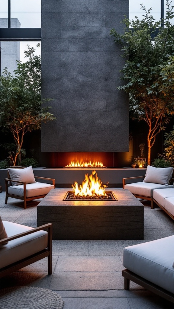 A modern outdoor fire pit setup with comfortable seating and surrounding greenery.