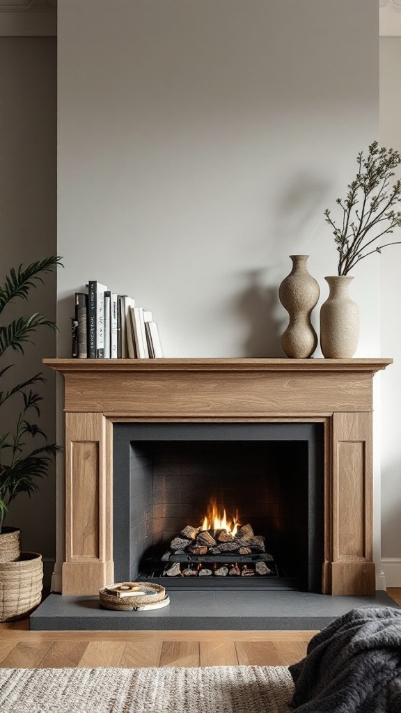 Modern oak fireplace with floating shelves, books, and decorative vases.