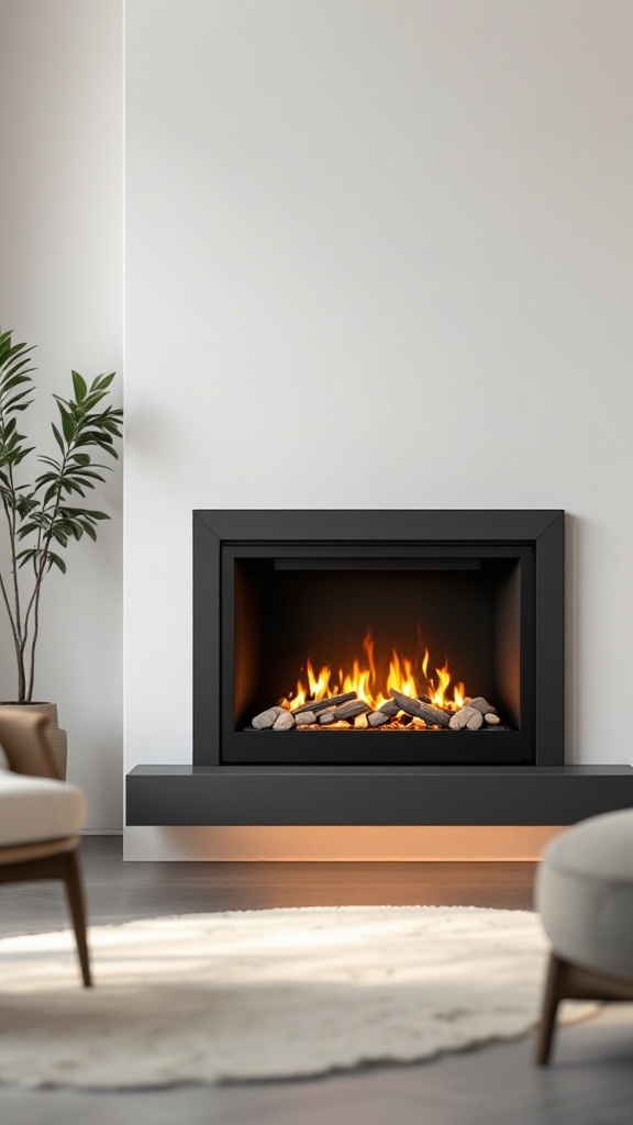 Modern fireplace with eco-friendly fuel options, featuring sleek design and flames over stones.