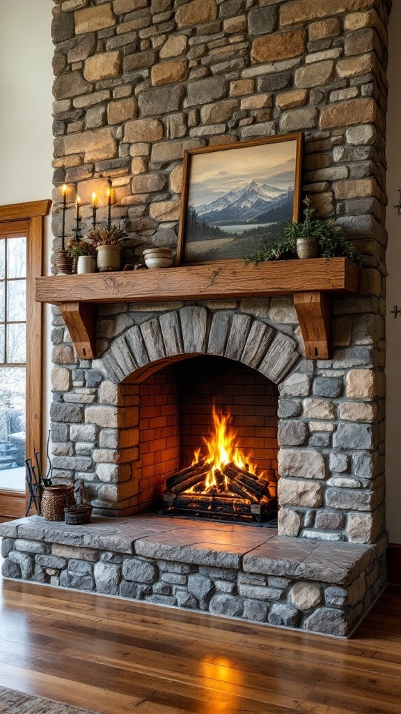 A stone fireplace with a wooden mantel, featuring a fire burning inside and a mountain painting above.