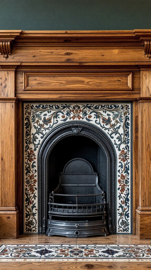 Decorative tiles around an oak fireplace with intricate floral designs