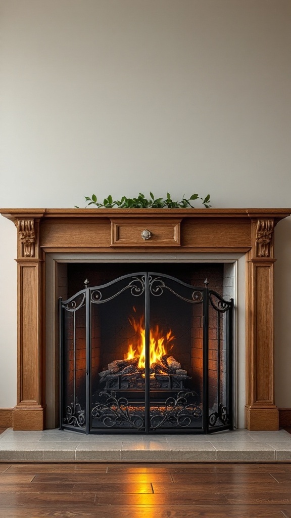 A stylish black iron fireplace screen in front of a warm fire, framed by an oak mantel and a touch of greenery on top.