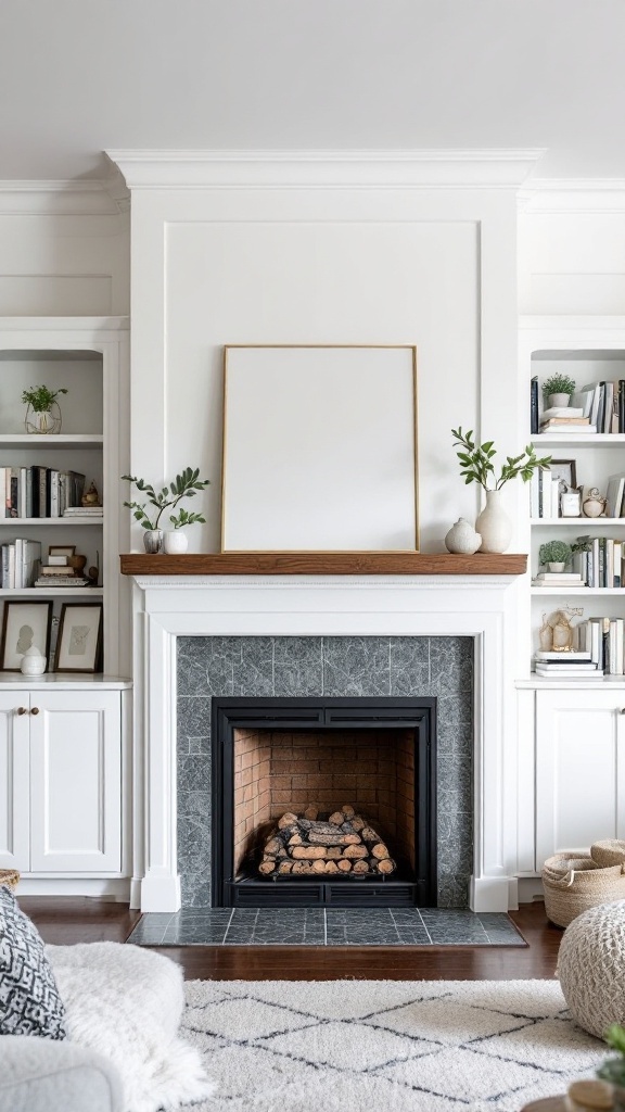 A stylish modern fireplace with integrated shelving on either side, featuring books, plants, and decorative items.