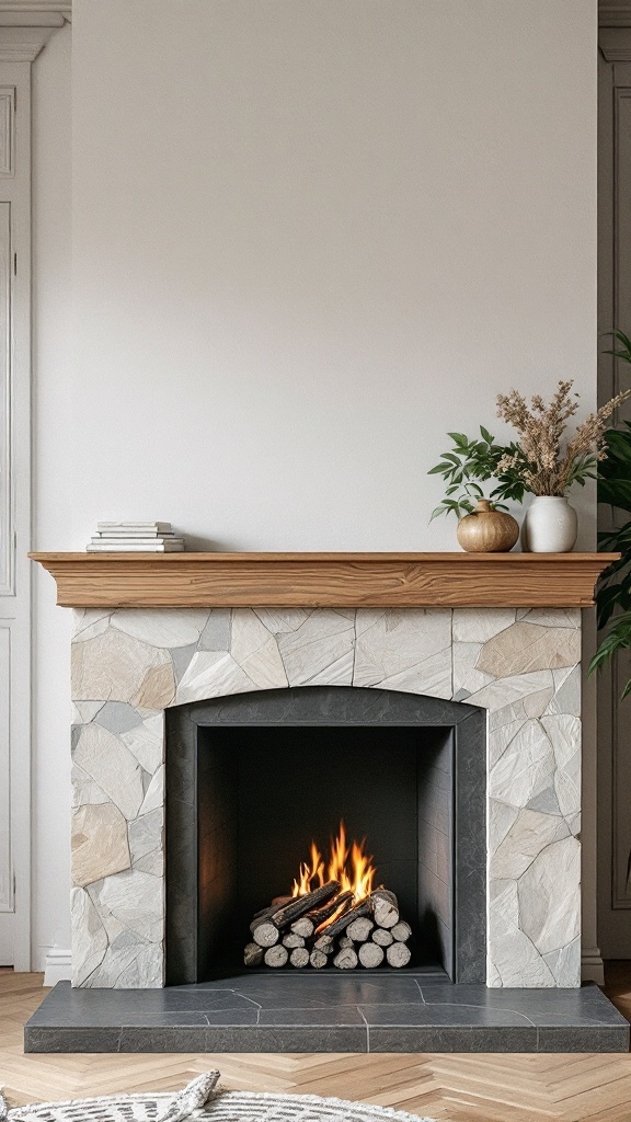 A modern fireplace with a wooden mantel and stone surround, featuring logs inside and plants nearby.