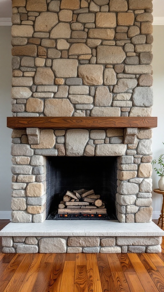 A natural stone fireplace with a wooden mantel and logs inside, showcasing a cozy and rustic design