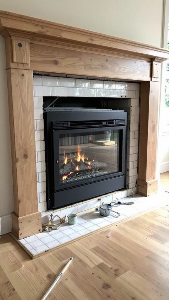 Revamped oak fireplace with a black insert and white tile surround