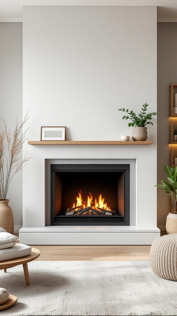 A sleek minimalist fireplace design featuring a black framed fireplace with flames, surrounded by a light gray wall and simple decor.