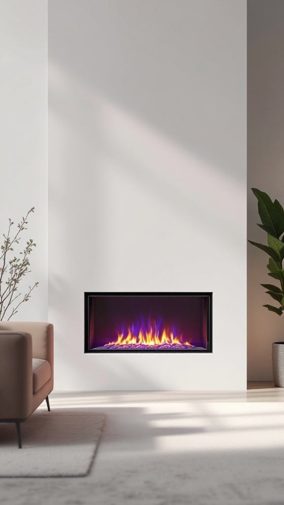 Modern fireplace with colorful flames and a minimalist design