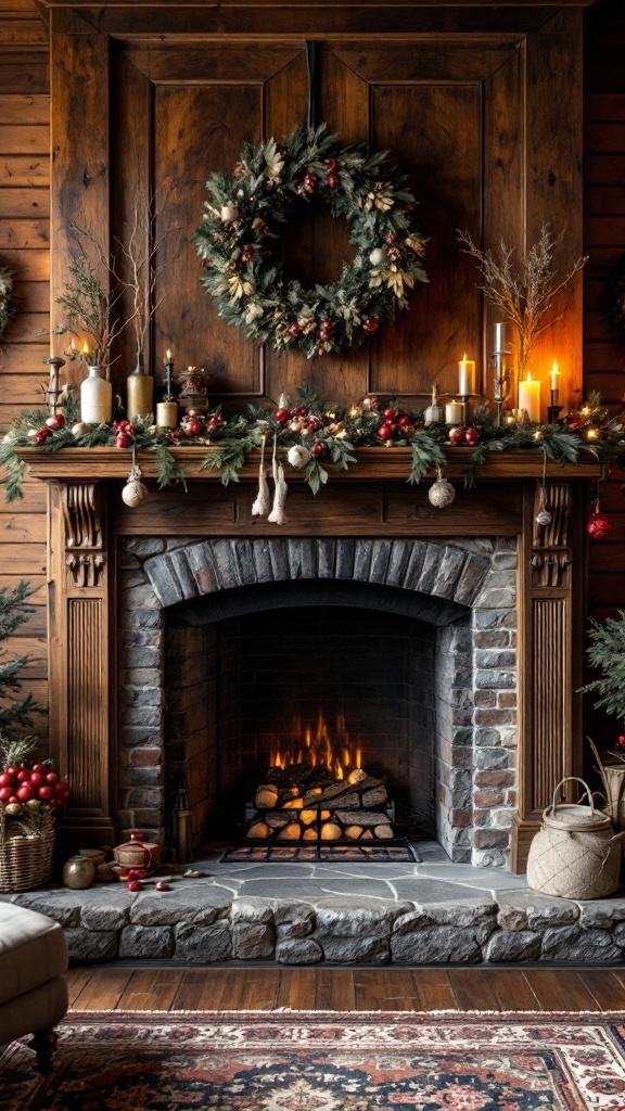 A beautifully decorated oak fireplace with a wreath, candles, and seasonal decor.