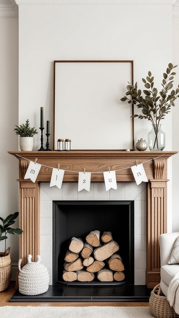 A beautifully updated oak fireplace mantel with decor elements such as a banner, candles, and greenery.