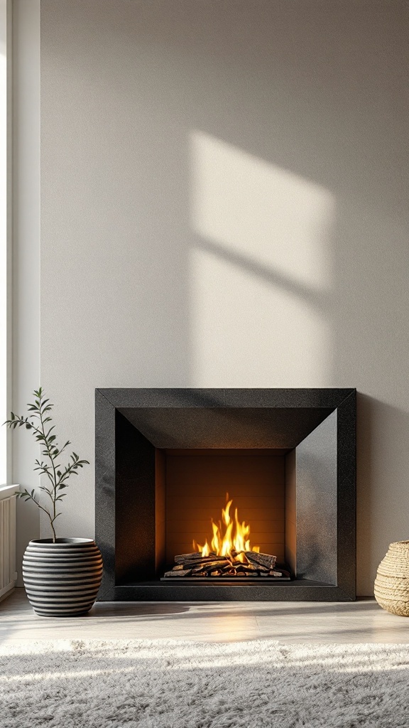 Modern fireplace with geometric design and flames