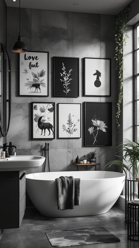 A modern bathroom with black wall art, featuring framed black and white artworks, a freestanding bathtub, and stylish decor.