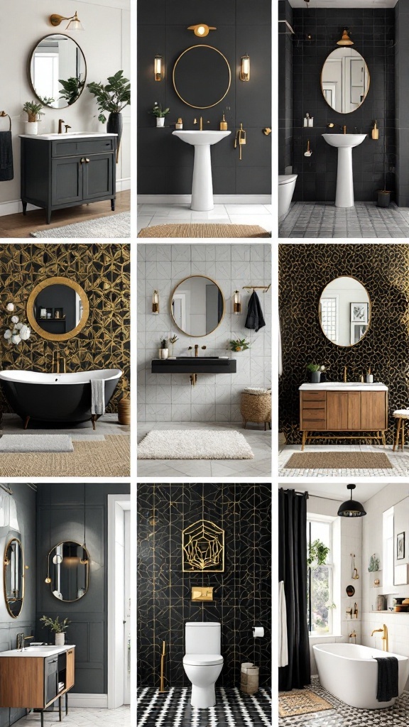 A collage of black and gold bathroom designs showcasing modern and elegant styles.