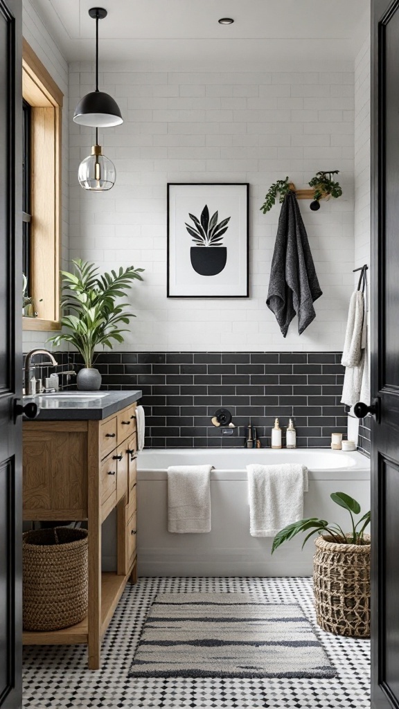 A modern black and natural wood bathroom featuring a bathtub, sink, and plants.