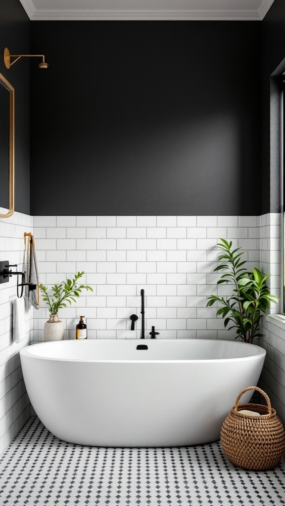 A bathroom featuring a bold black accent wall behind a white freestanding bathtub, with white tiles and green plants.