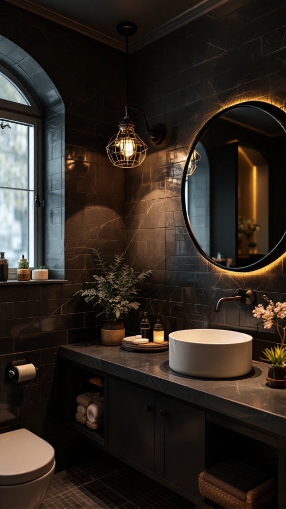 Chic black bathroom with stylish black lighting fixtures and elegant decor