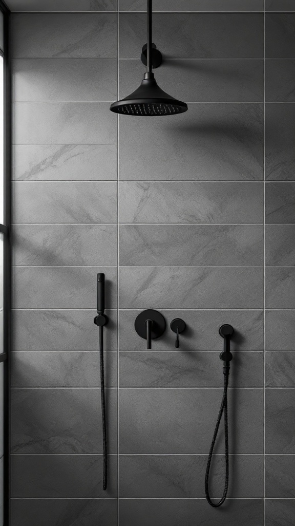 Black shower fixtures on a gray tiled wall