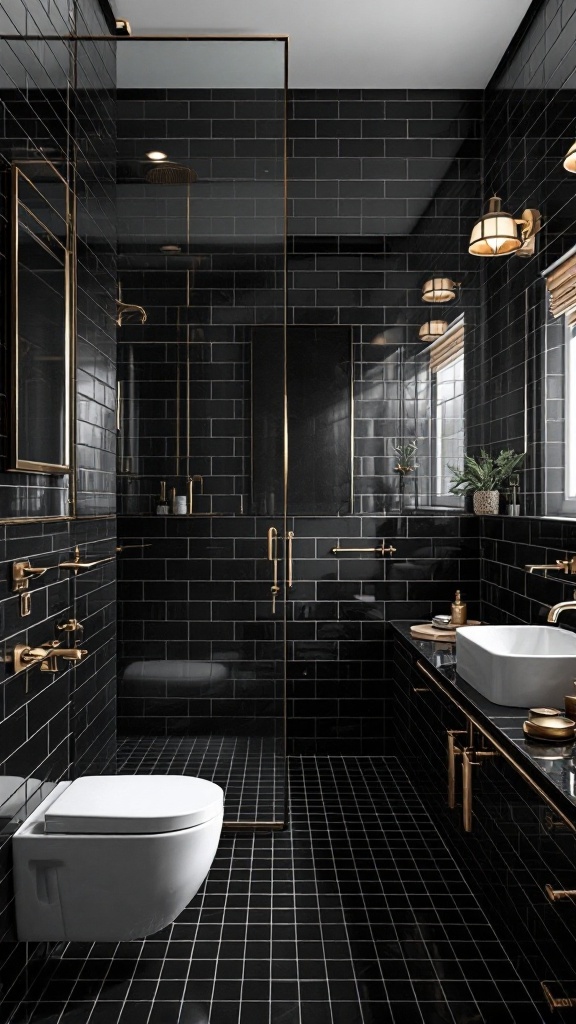 A luxurious black and gold bathroom featuring elegant black tiles and gold fixtures.