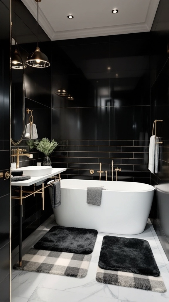 A luxurious black bathroom featuring black tiles, gold fixtures, and plush bath mats.