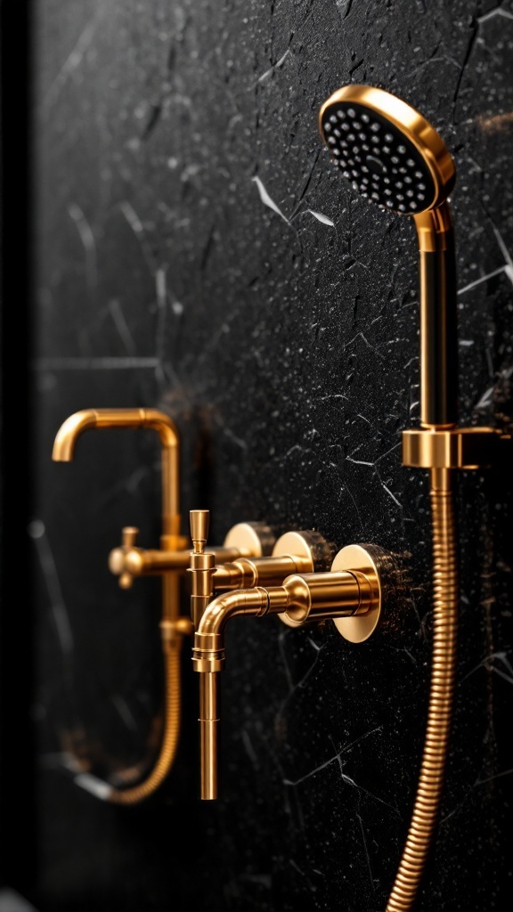 Close-up of gold bathroom fixtures against a black textured wall.