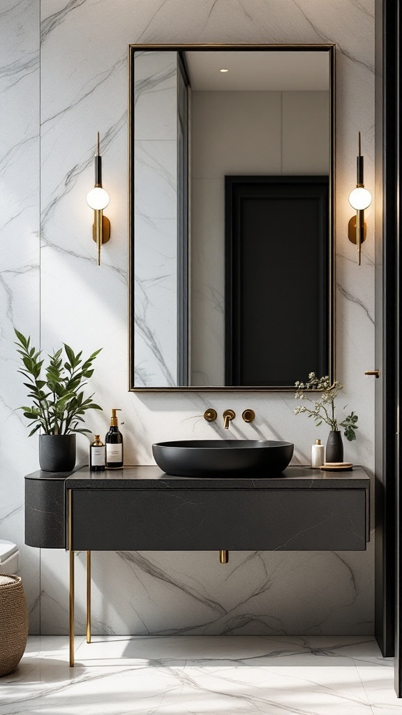 A modern bathroom featuring a gold-framed mirror, sleek black sink, and stylish decor.
