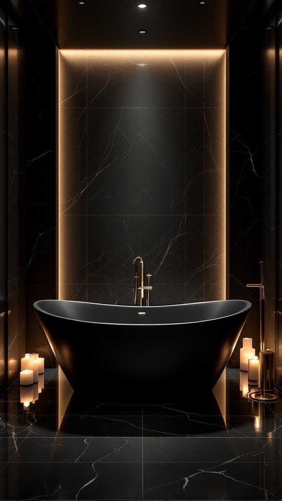 Luxurious black bathtub with warm lighting and candles
