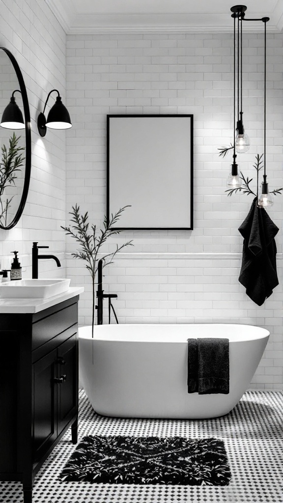 A modern black and white bathroom featuring a freestanding tub, black fixtures, and a patterned rug.