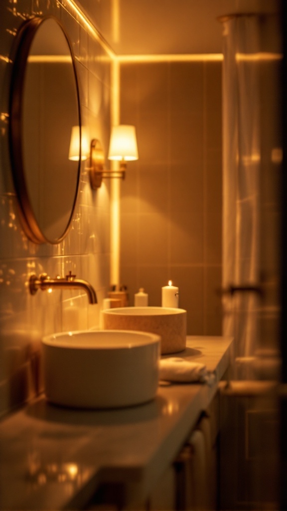 A cozy black and gold bathroom with warm lighting and elegant fixtures