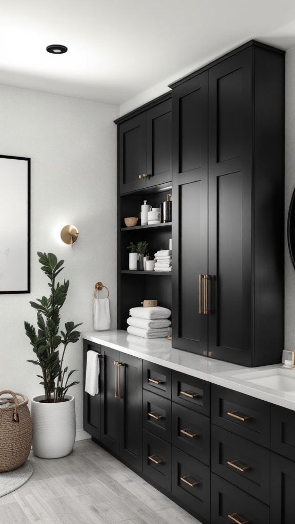 A modern black and gold bathroom featuring sleek storage solutions with gold hardware.