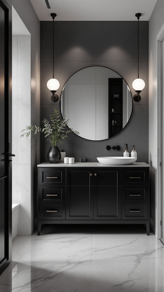 Sleek black bathroom vanity with round mirror and stylish lighting