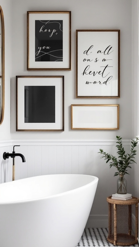 Black and gold wall art in a modern bathroom setting