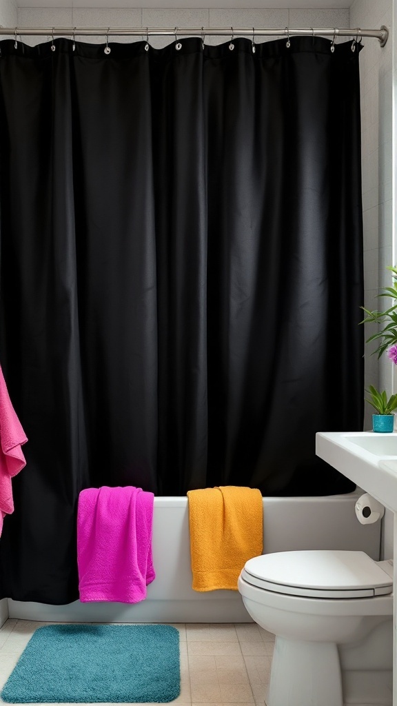 A black shower curtain in a bathroom with colorful towels hanging on the sides.