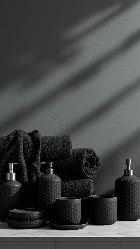 A collection of textured black bathroom accessories including towels, soap dispensers, and containers on a countertop.