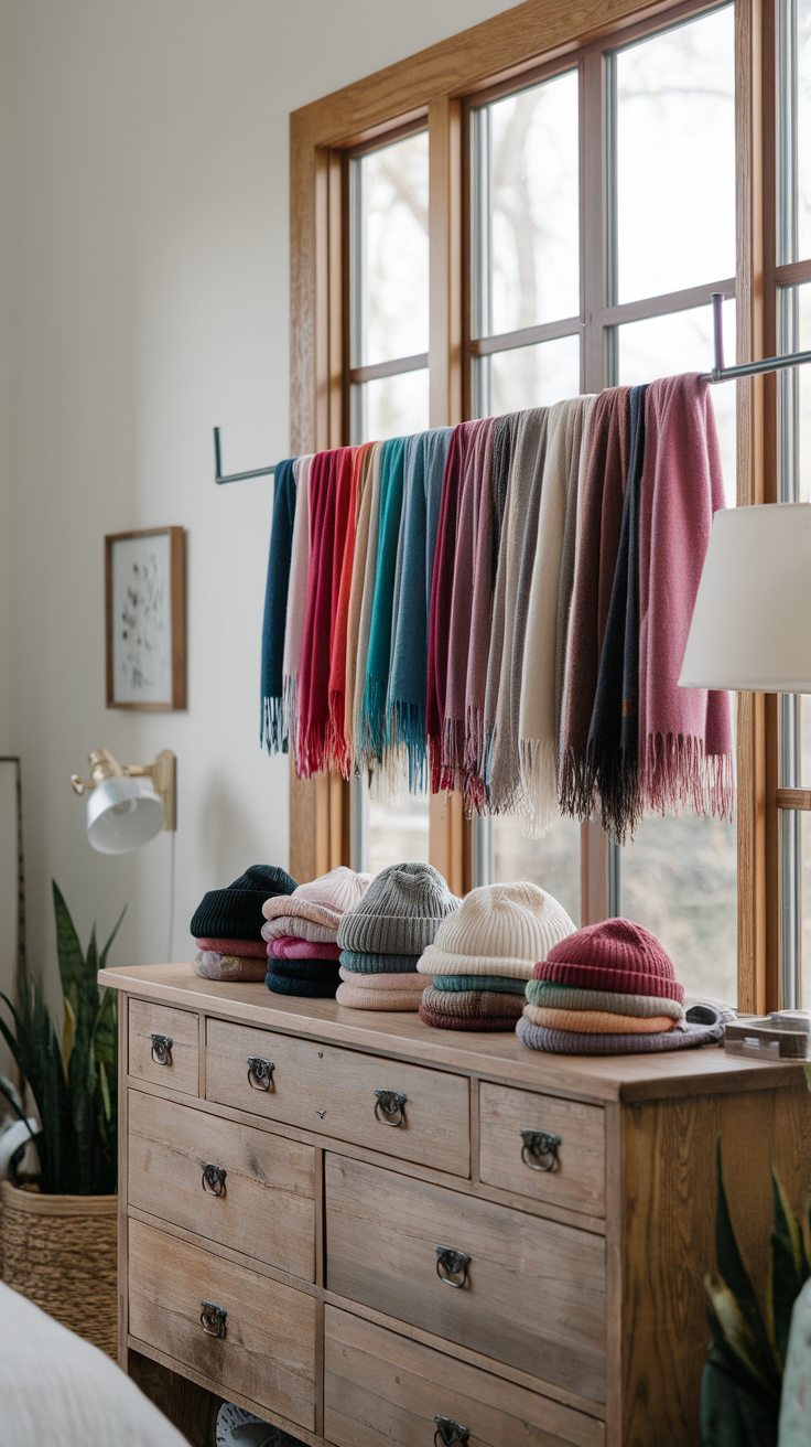 A table with neatly arranged colorful scarves and seashells, showcasing coastal winter fashion accessories.