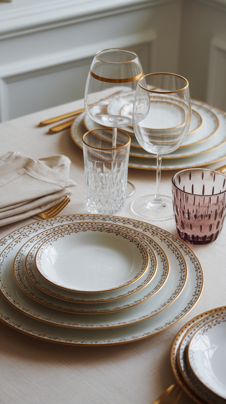 Chic spring tablescape featuring layered plates and elegant glassware.